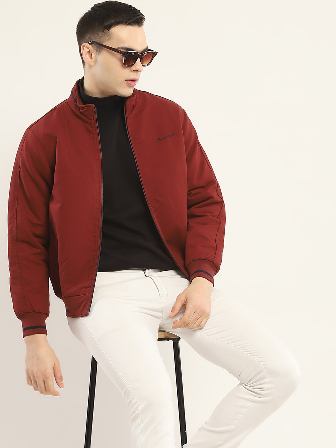Men Rust Solid Mock Neck Full Sleeve Jacket