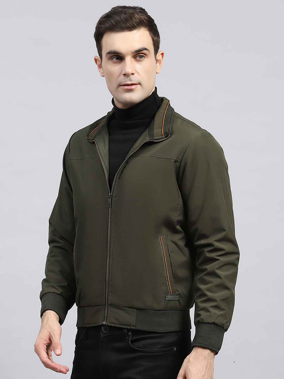 Men Olive Solid Mock Neck Full Sleeve Jacket