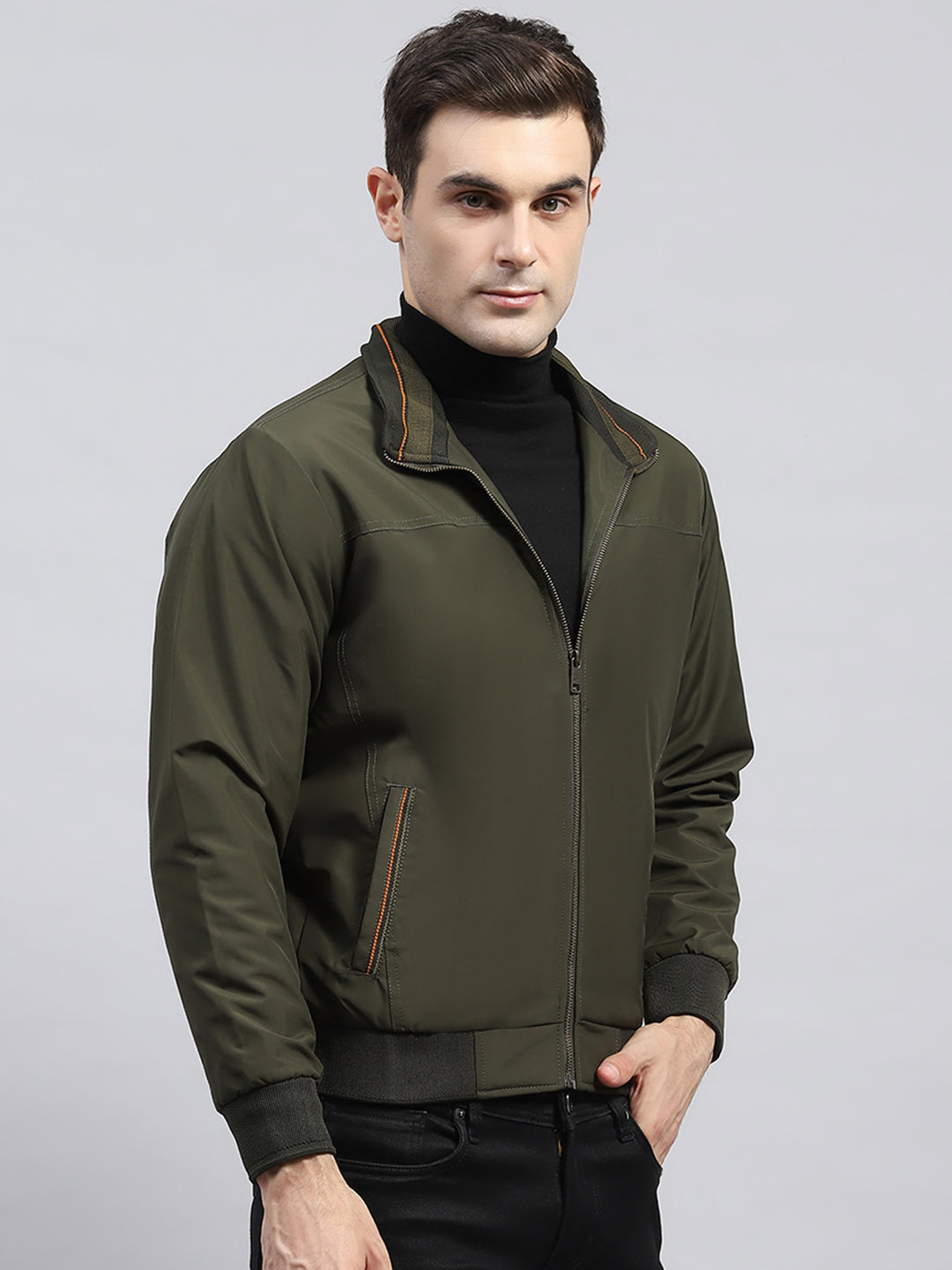 Men Olive Solid Mock Neck Full Sleeve Jacket
