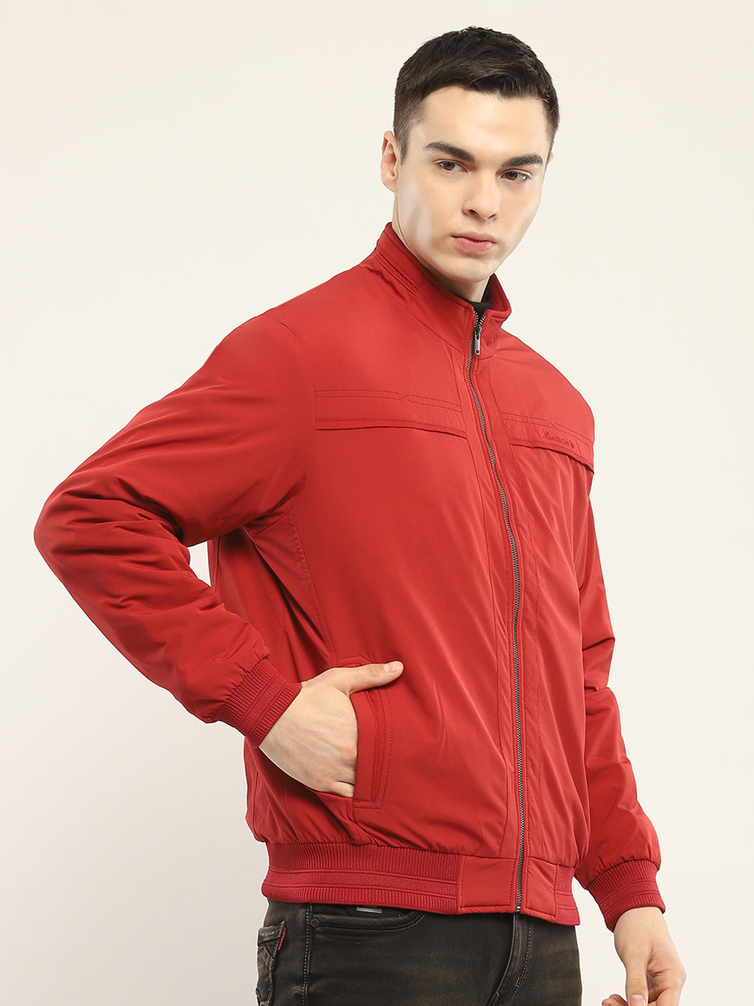 Men Red Solid Mock Neck Full Sleeve Jacket