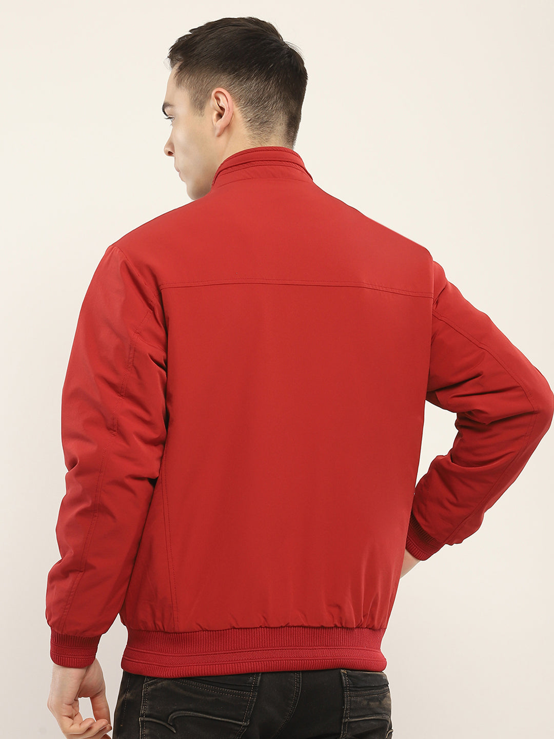 Men Red Solid Mock Neck Full Sleeve Jacket