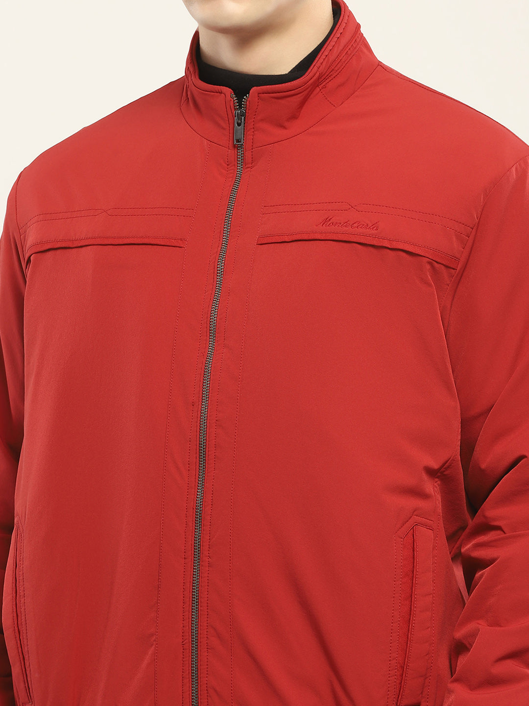 Men Red Solid Mock Neck Full Sleeve Jacket