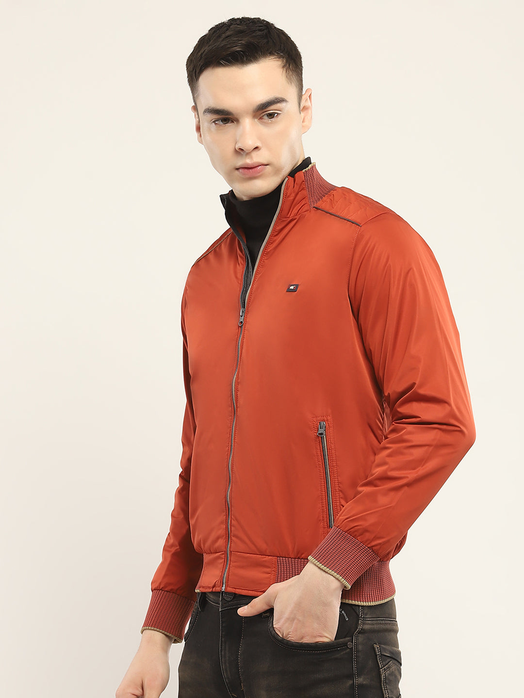 Men Rust Solid Mock Neck Full Sleeve Jacket