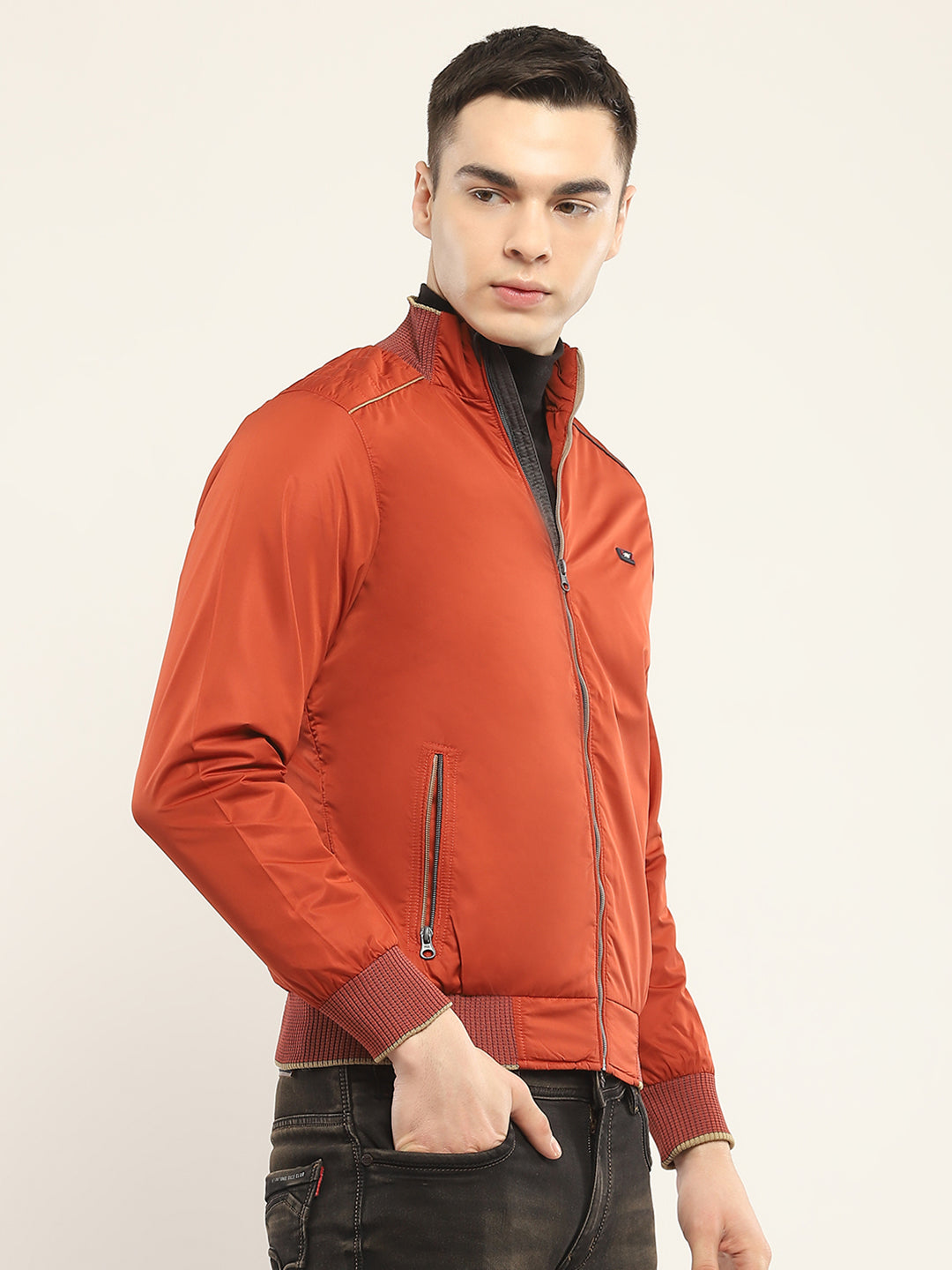 Men Rust Solid Mock Neck Full Sleeve Jacket