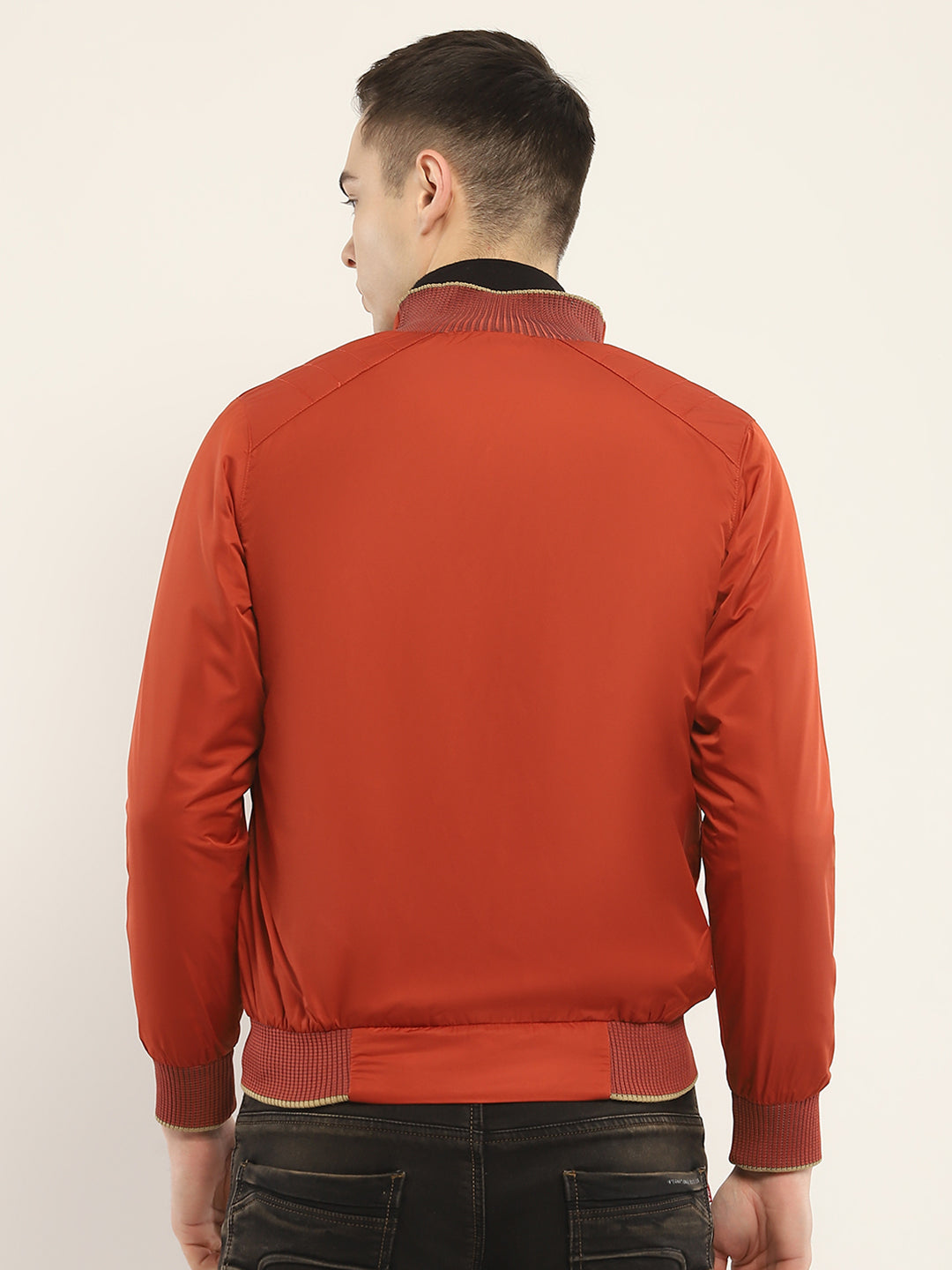Men Rust Solid Mock Neck Full Sleeve Jacket