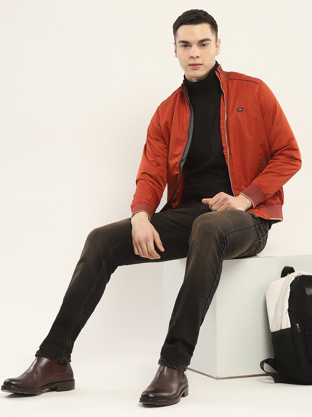 Men Rust Solid Mock Neck Full Sleeve Jacket