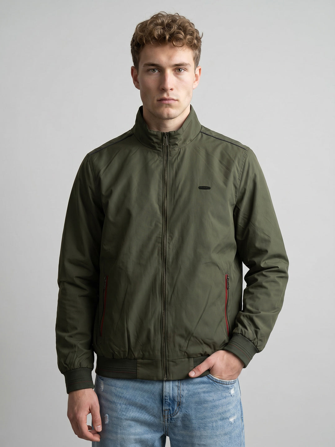 Men Olive Solid Collar Full Sleeve Bomber Jacket