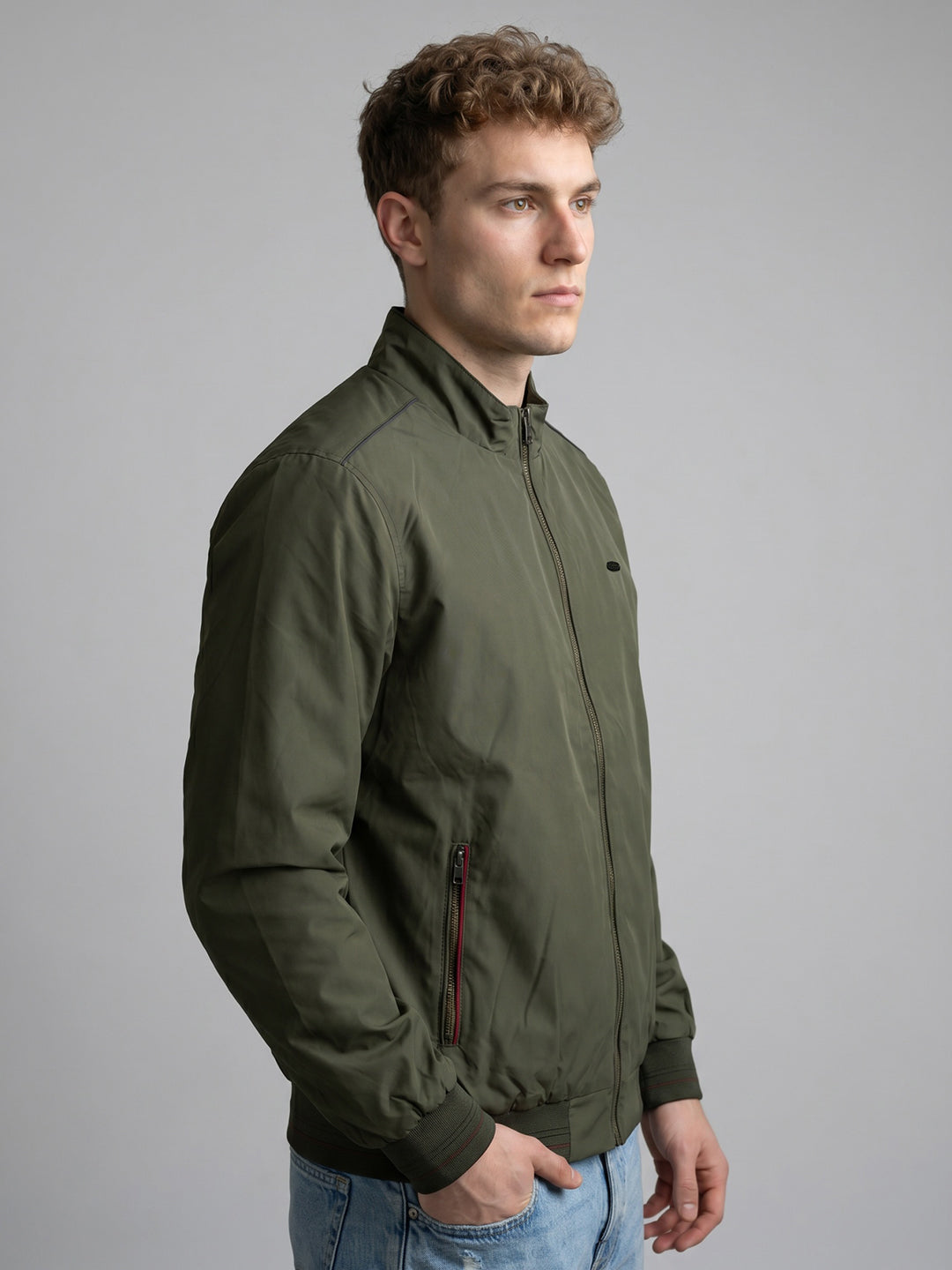 Men Olive Solid Collar Full Sleeve Bomber Jacket