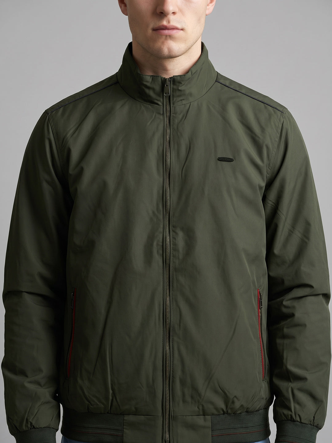 Men Olive Solid Collar Full Sleeve Bomber Jacket