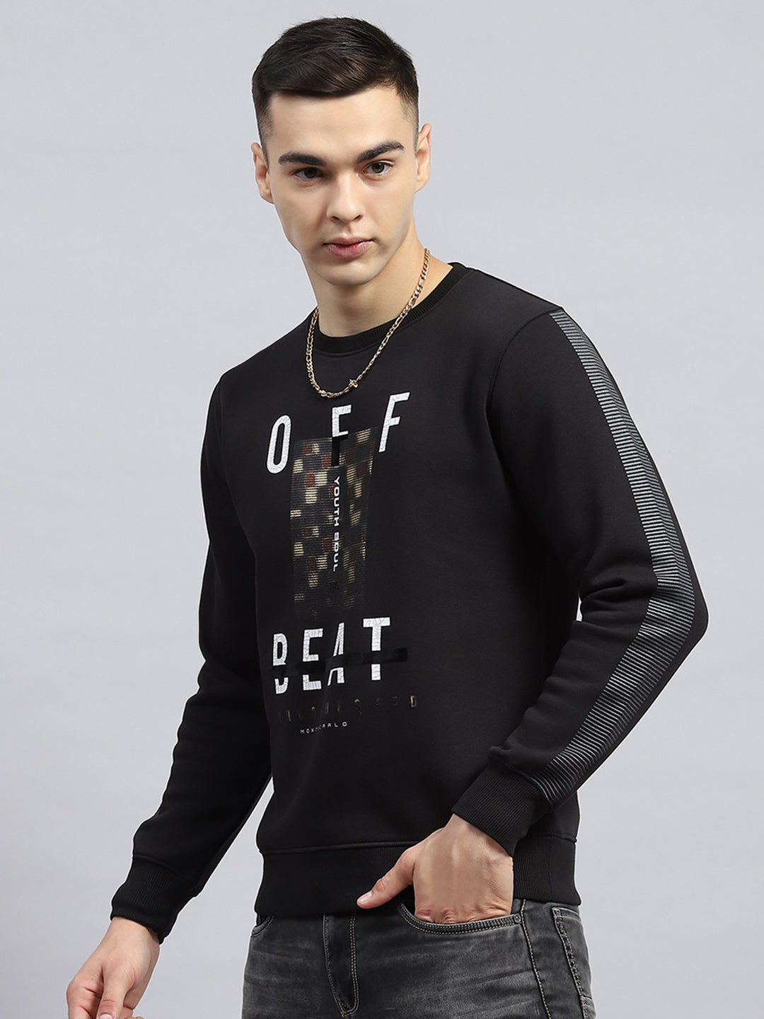 Men Black Printed Round Neck Full Sleeve Sweatshirt