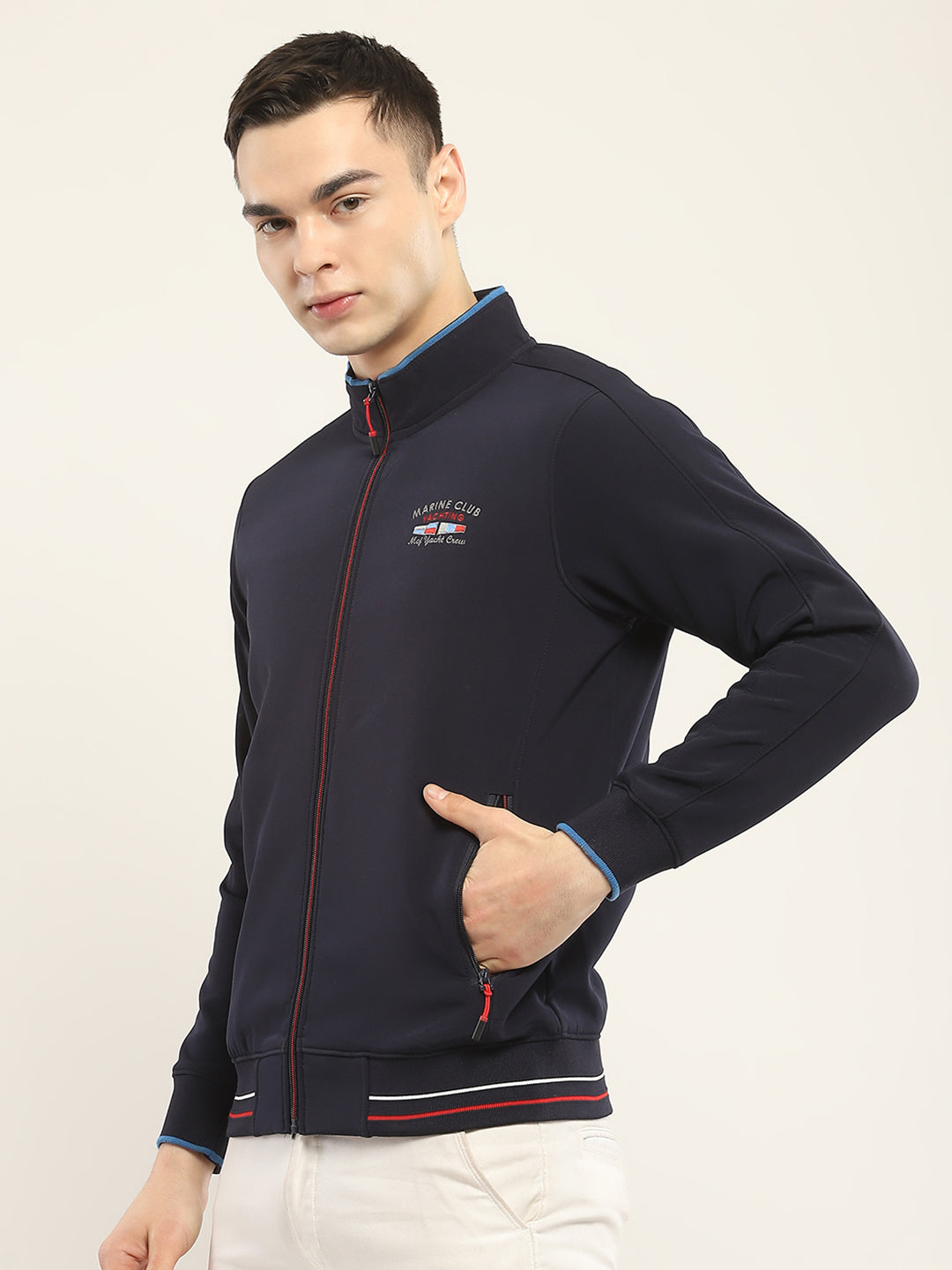 Men Navy Blue Self Design Mock Neck Full Sleeve Sweatshirt