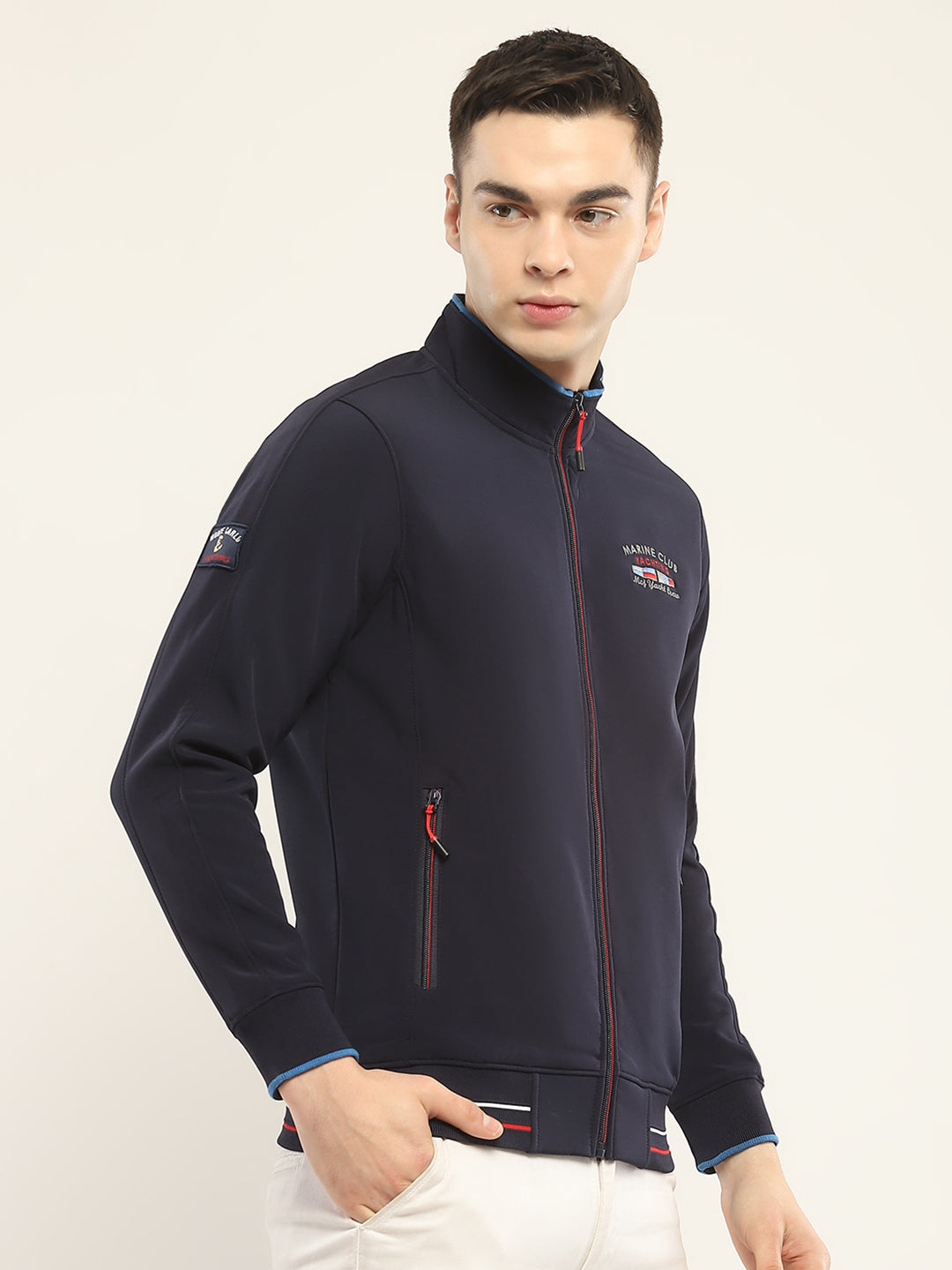 Men Navy Blue Self Design Mock Neck Full Sleeve Sweatshirt