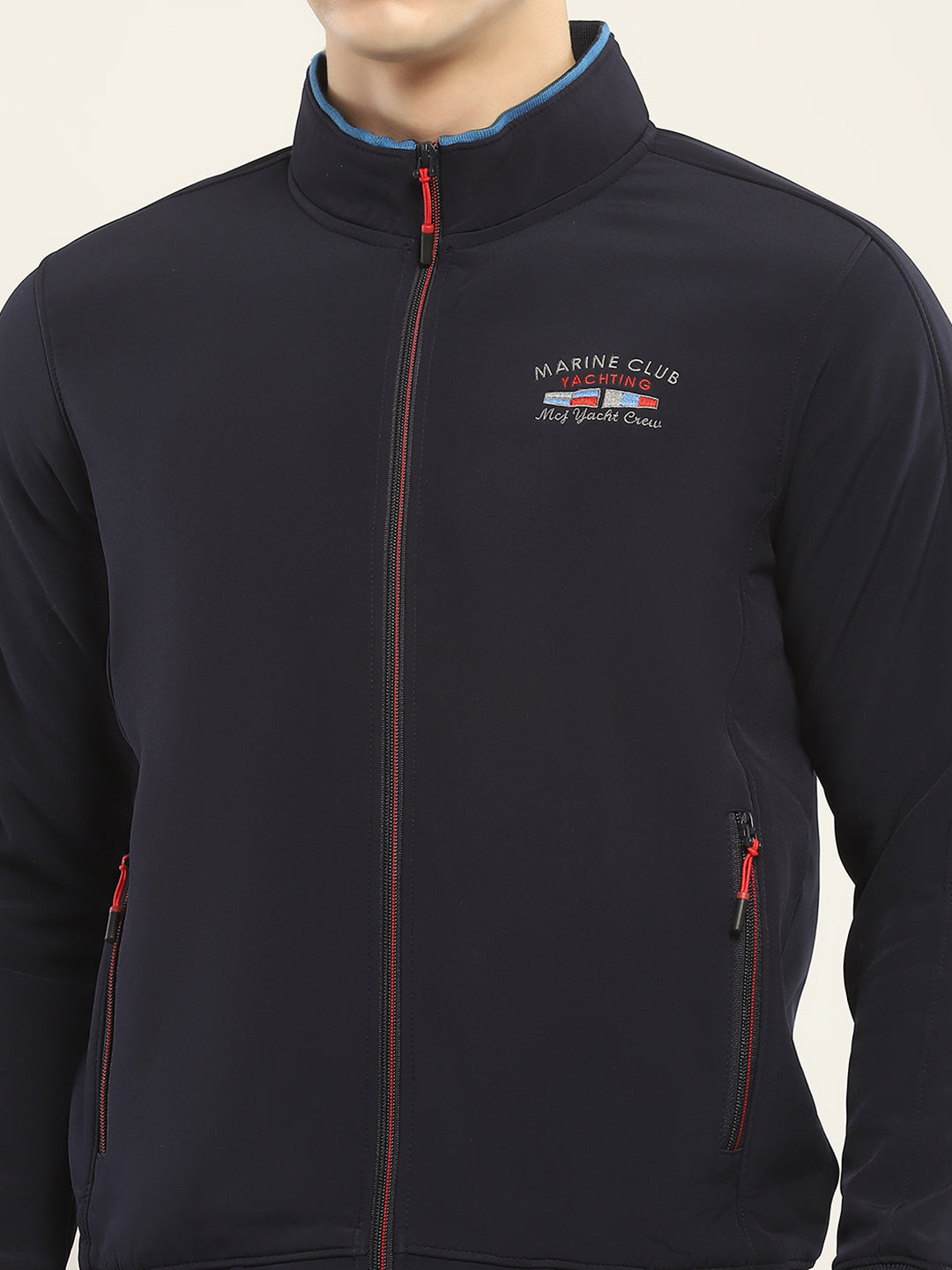 Men Navy Blue Self Design Mock Neck Full Sleeve Sweatshirt