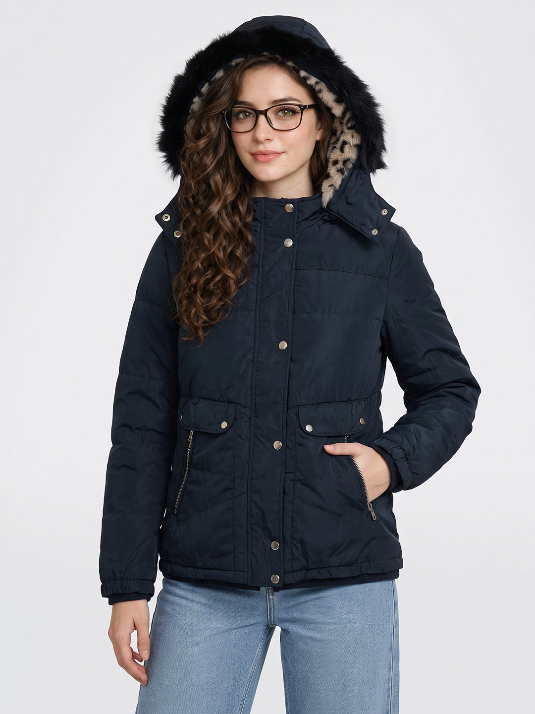 Women Navy Blue Solid Detachable Hood Full Sleeve Parka Jacket
