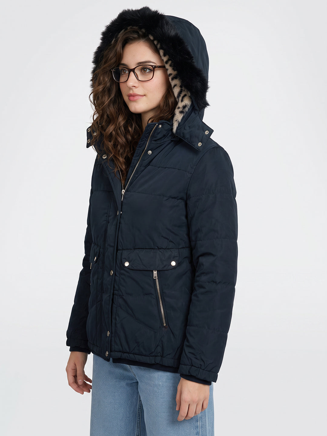 Women Navy Blue Solid Detachable Hood Full Sleeve Parka Jacket