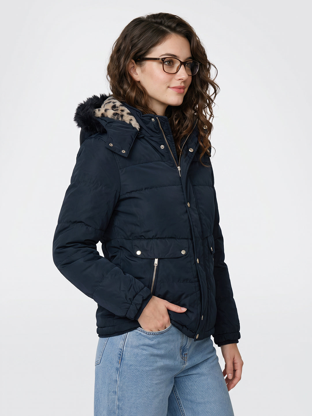 Women Navy Blue Solid Detachable Hood Full Sleeve Parka Jacket