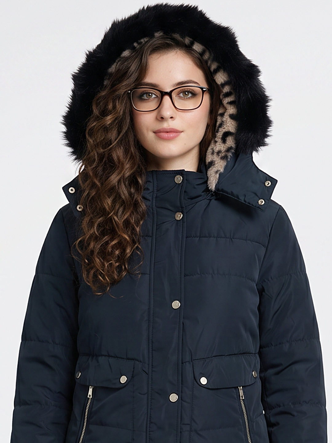 Women Navy Blue Solid Detachable Hood Full Sleeve Parka Jacket