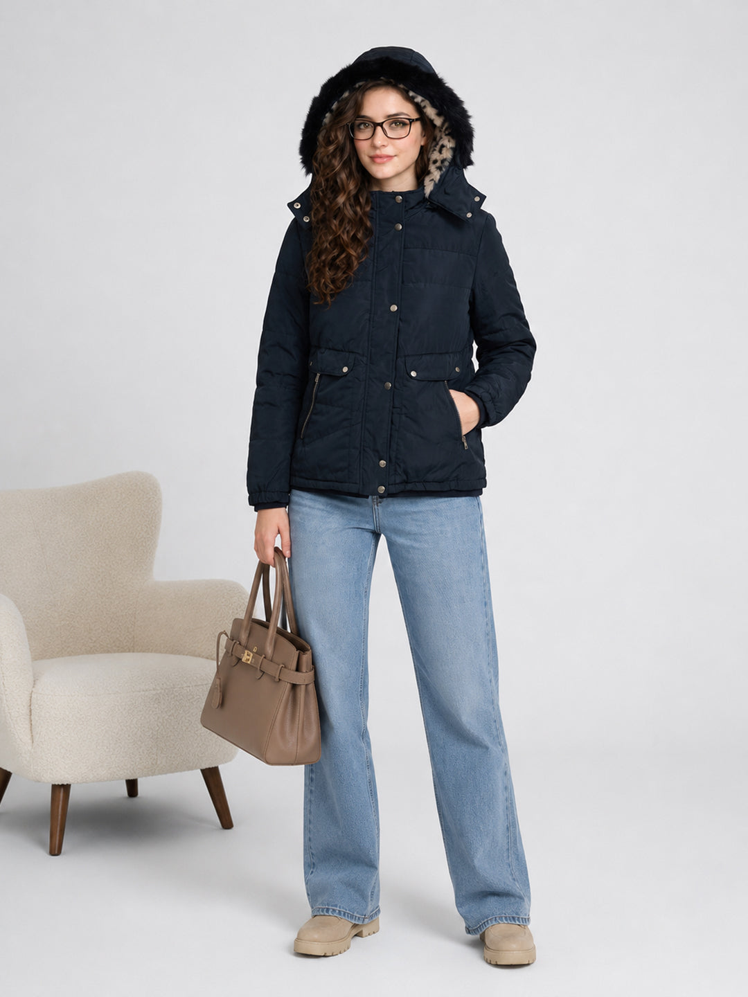 Women Navy Blue Solid Detachable Hood Full Sleeve Parka Jacket