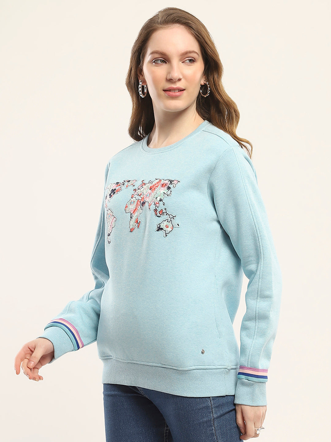 Women Blue Printed Round Neck Full Sleeve Sweatshirt