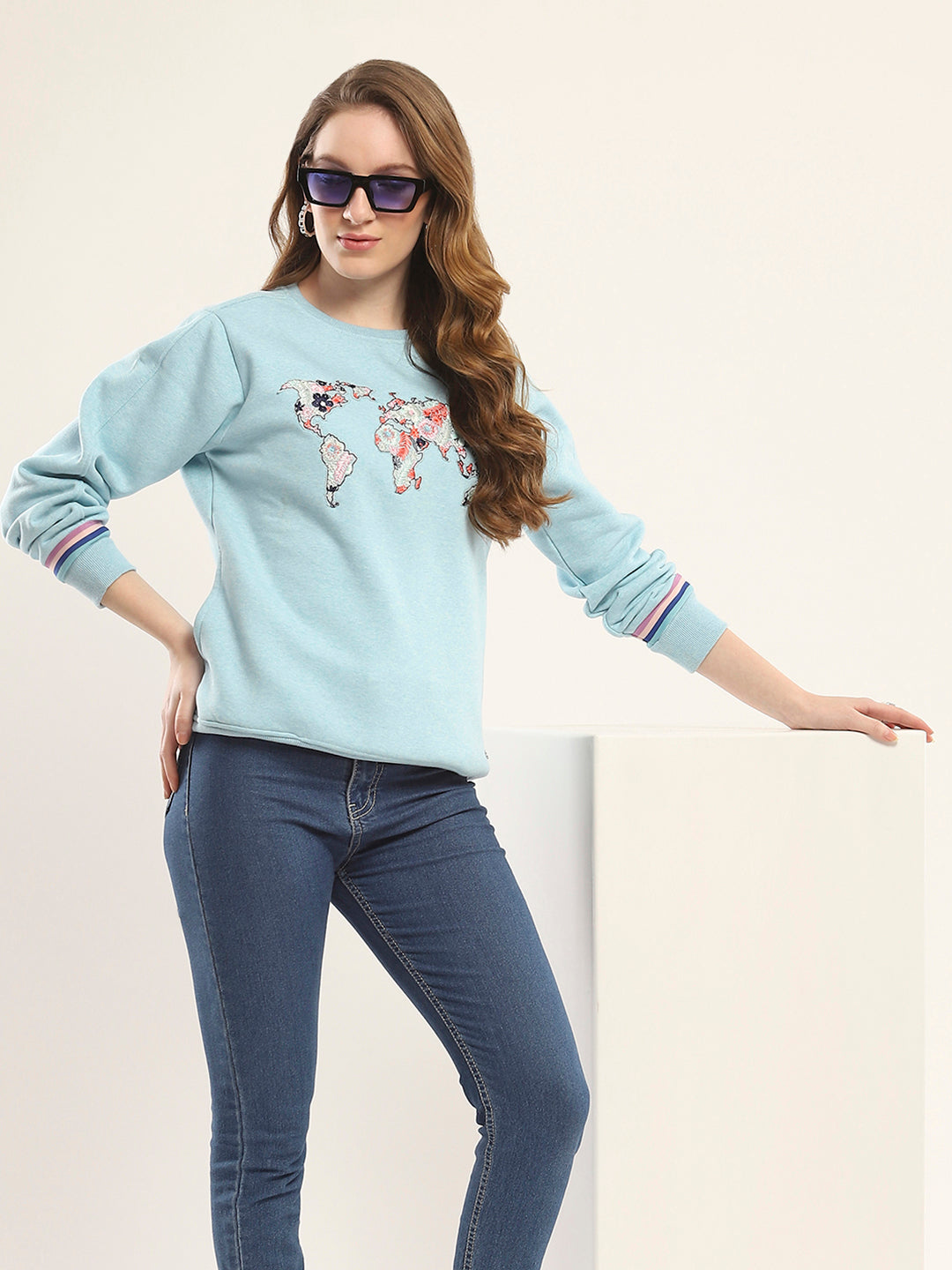 Women Blue Printed Round Neck Full Sleeve Sweatshirt