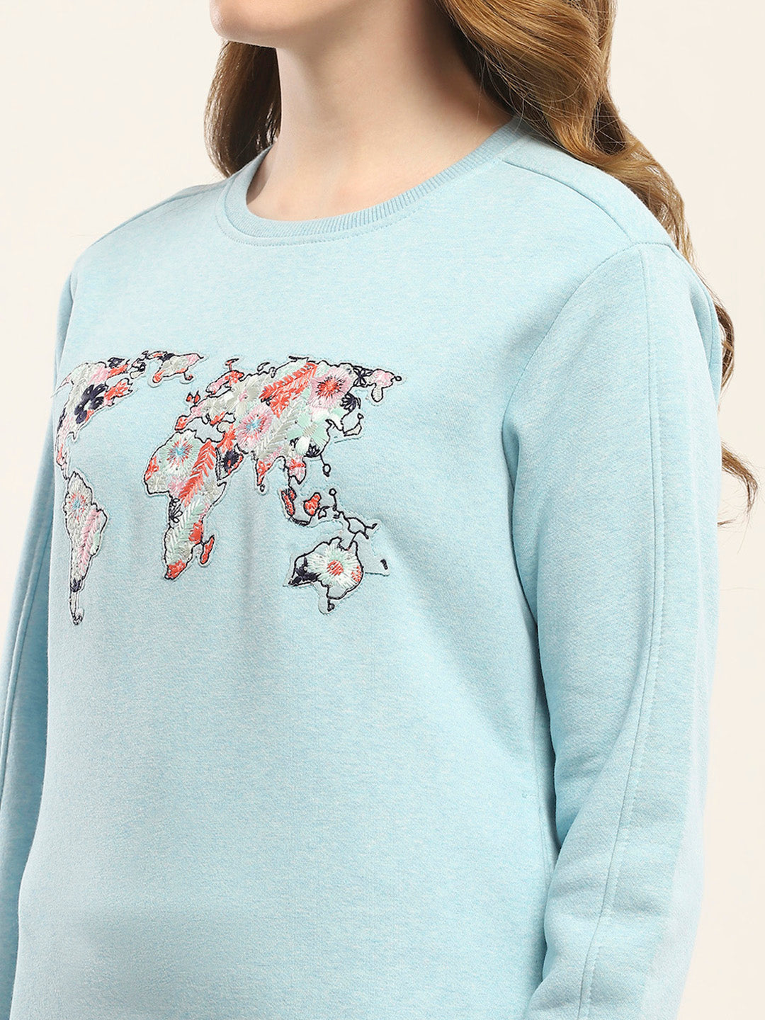 Women Blue Printed Round Neck Full Sleeve Sweatshirt