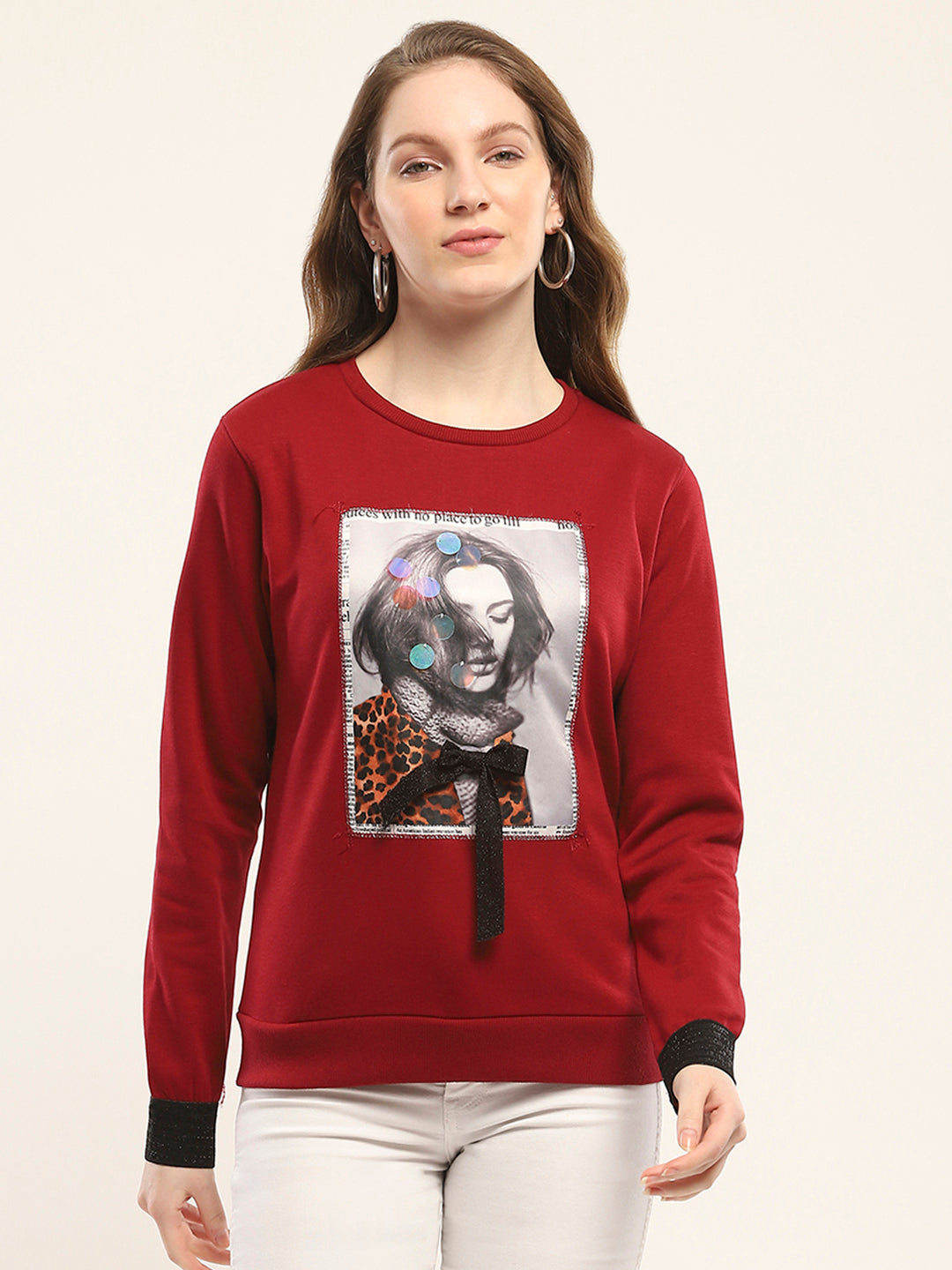 Women Maroon Printed Round Neck Full Sleeve Sweatshirt