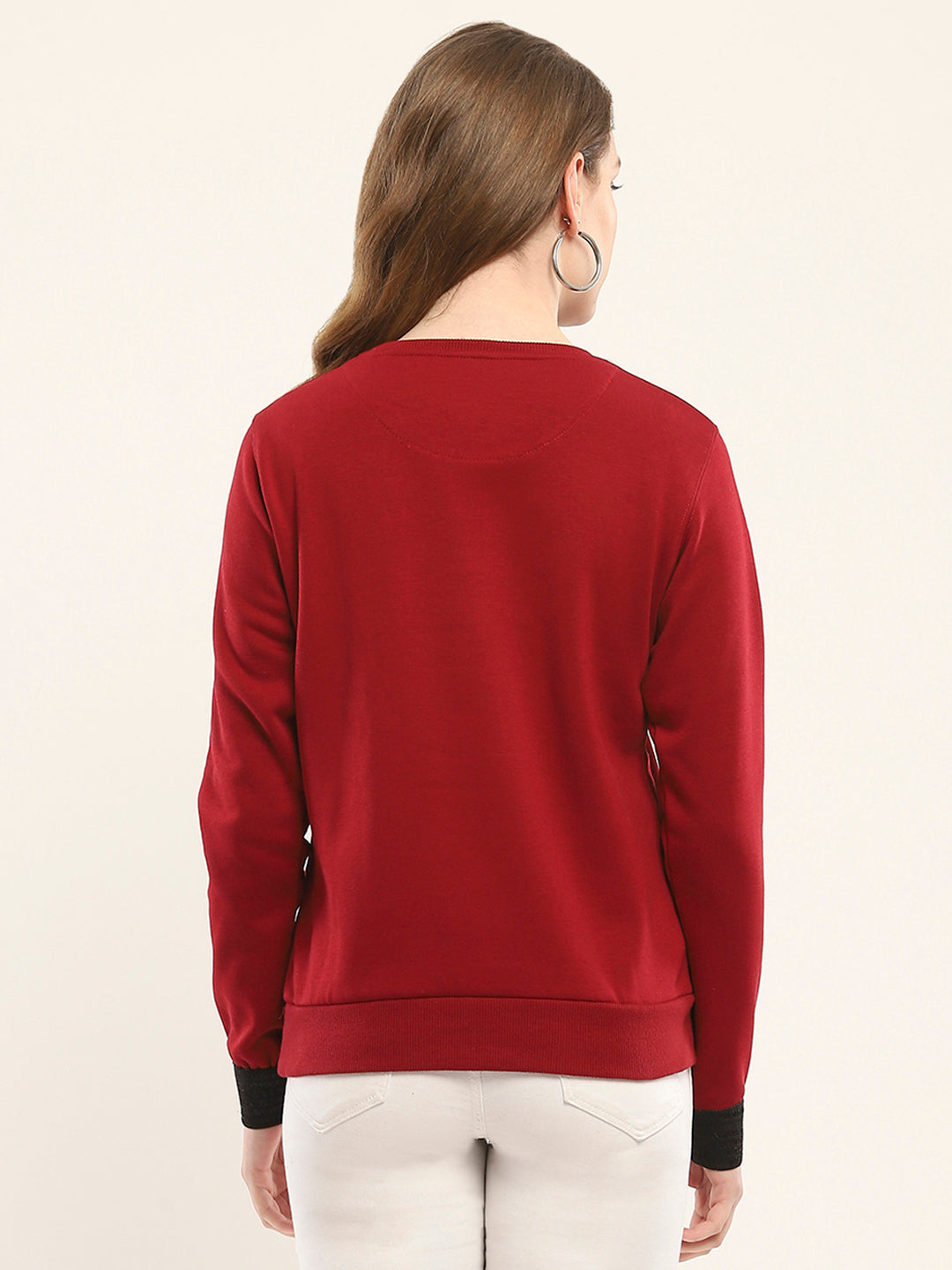 Women Maroon Printed Round Neck Full Sleeve Sweatshirt