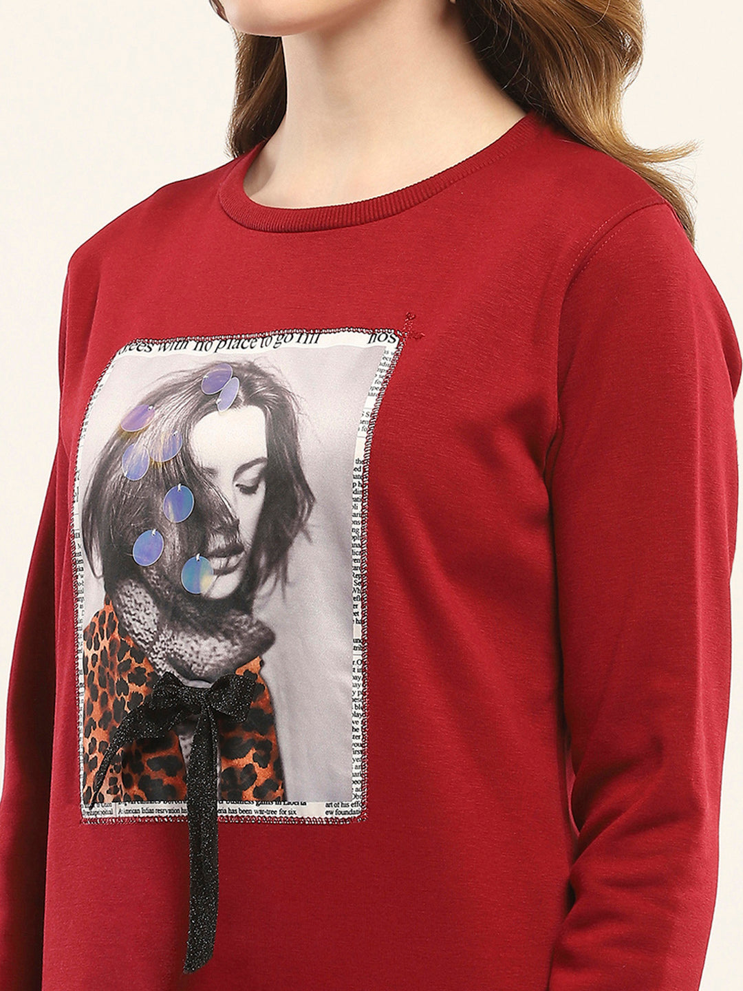 Women Maroon Printed Round Neck Full Sleeve Sweatshirt
