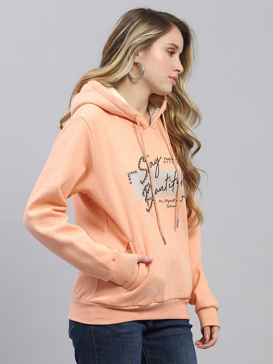 Women Peach Embroidered Hooded Full Sleeve Sweatshirt