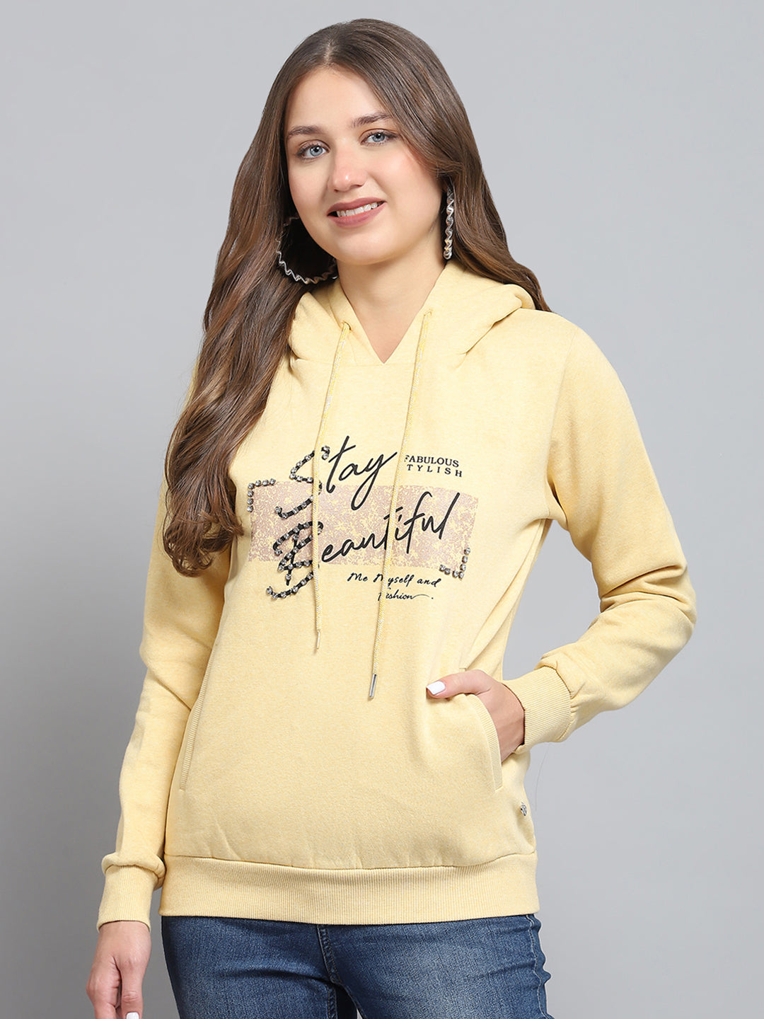 Women Yellow Printed Hooded Full Sleeve Sweatshirt