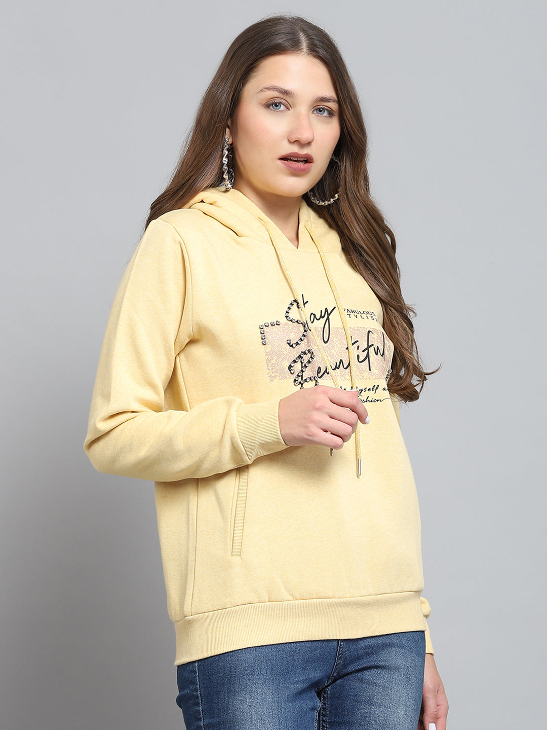 Women Yellow Printed Hooded Full Sleeve Sweatshirt
