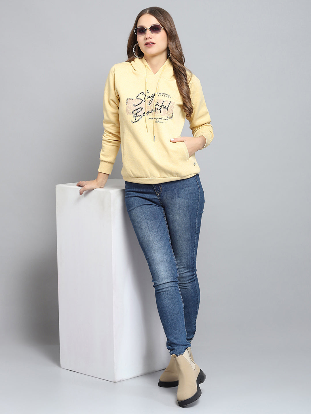 Women Yellow Printed Hooded Full Sleeve Sweatshirt