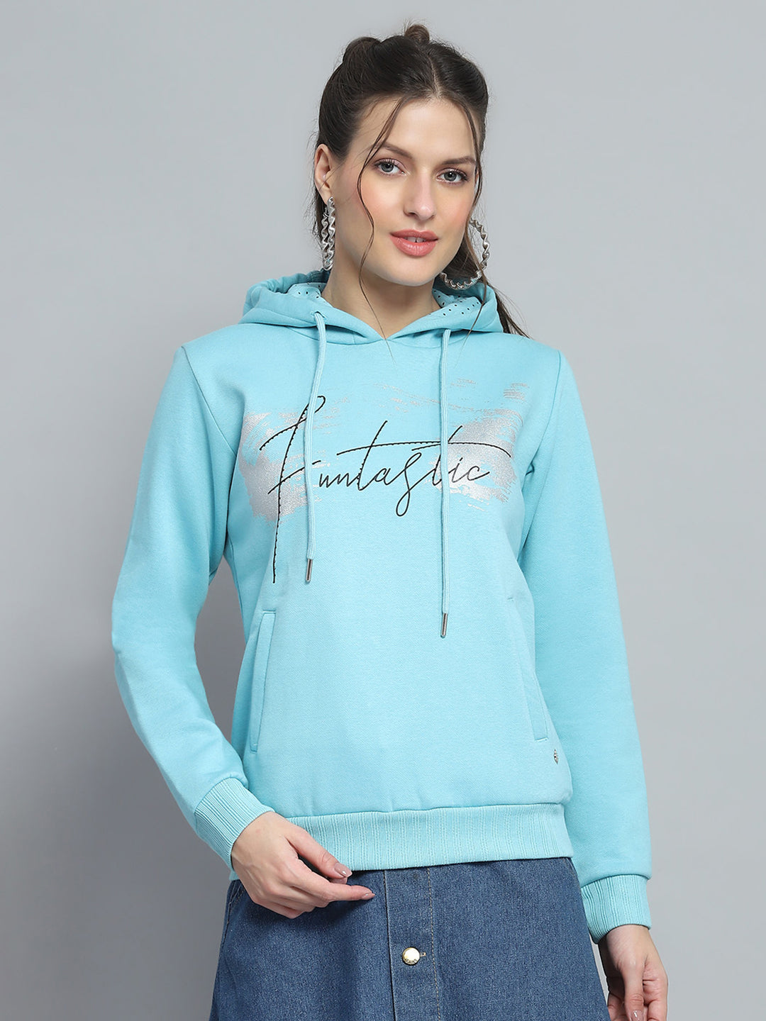 Women Blue Printed Hooded Full Sleeve Sweatshirt