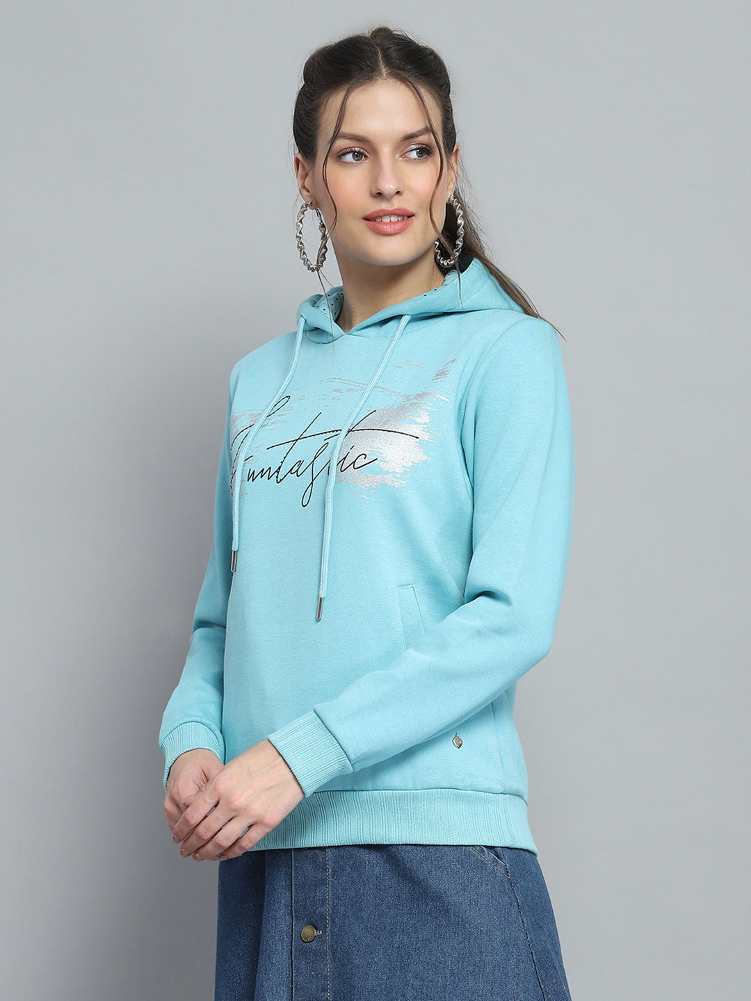 Women Blue Printed Hooded Full Sleeve Sweatshirt