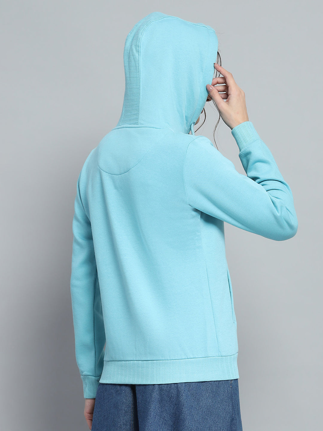 Women Blue Printed Hooded Full Sleeve Sweatshirt