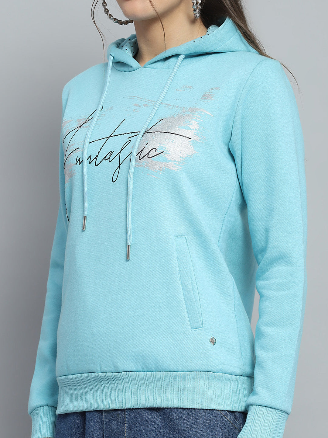 Women Blue Printed Hooded Full Sleeve Sweatshirt