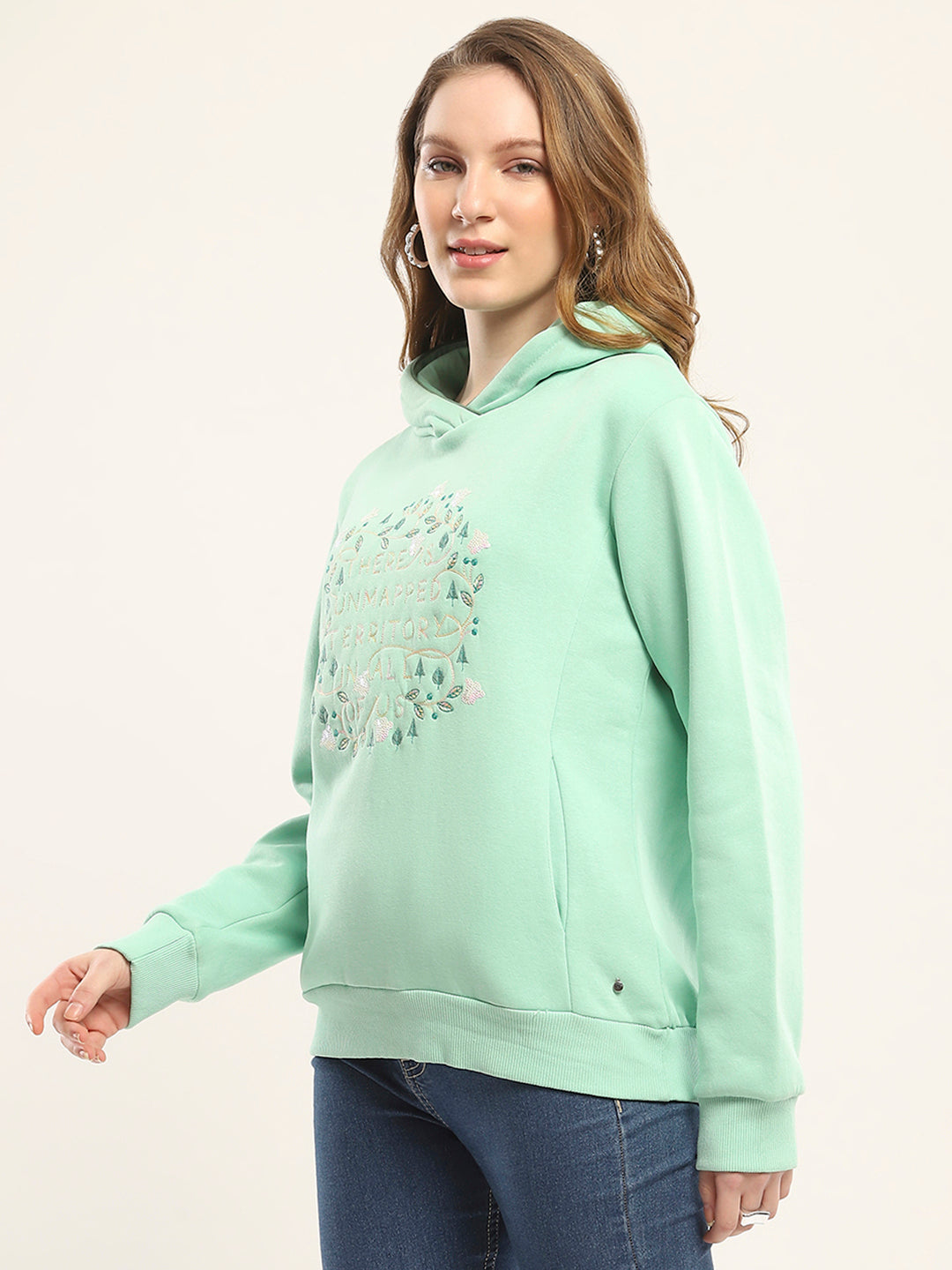 Women Green Printed Hooded Full Sleeve Sweatshirt
