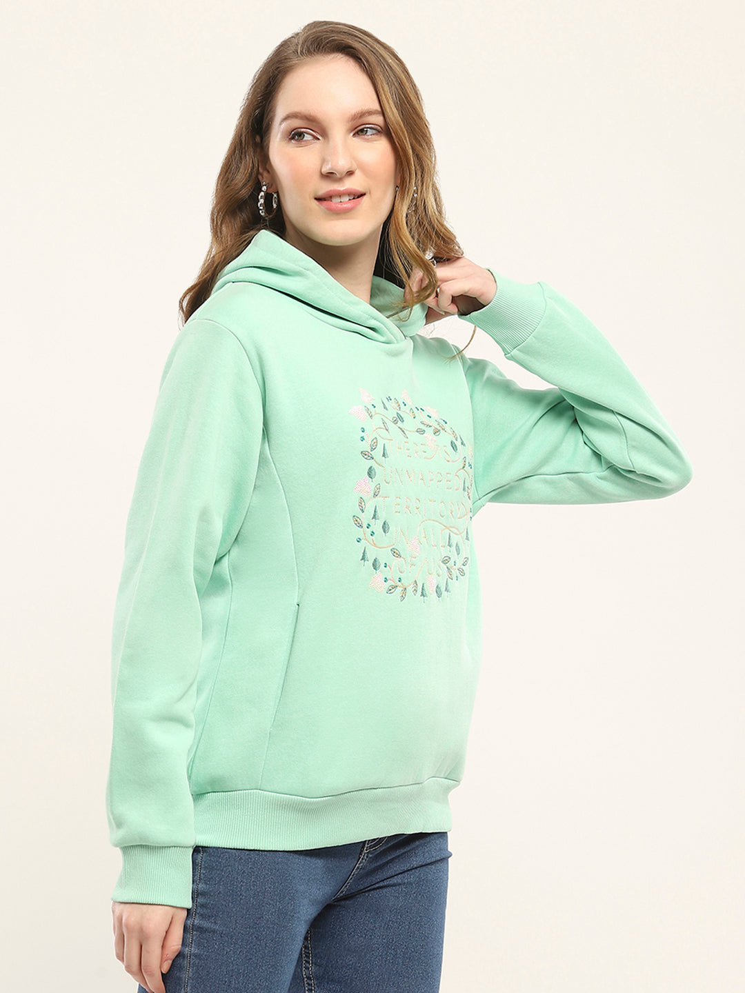 Women Green Printed Hooded Full Sleeve Sweatshirt