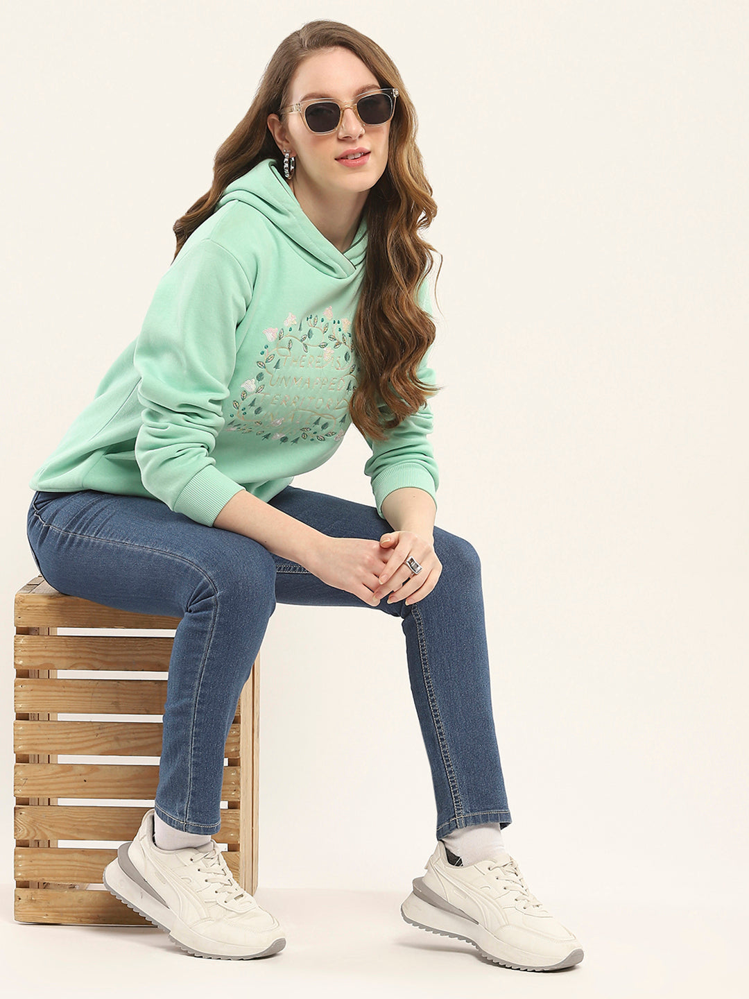 Women Green Printed Hooded Full Sleeve Sweatshirt