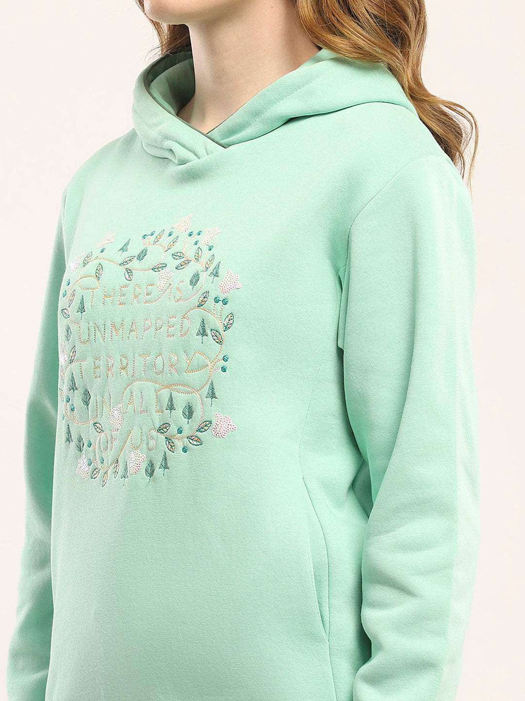 Women Green Printed Hooded Full Sleeve Sweatshirt