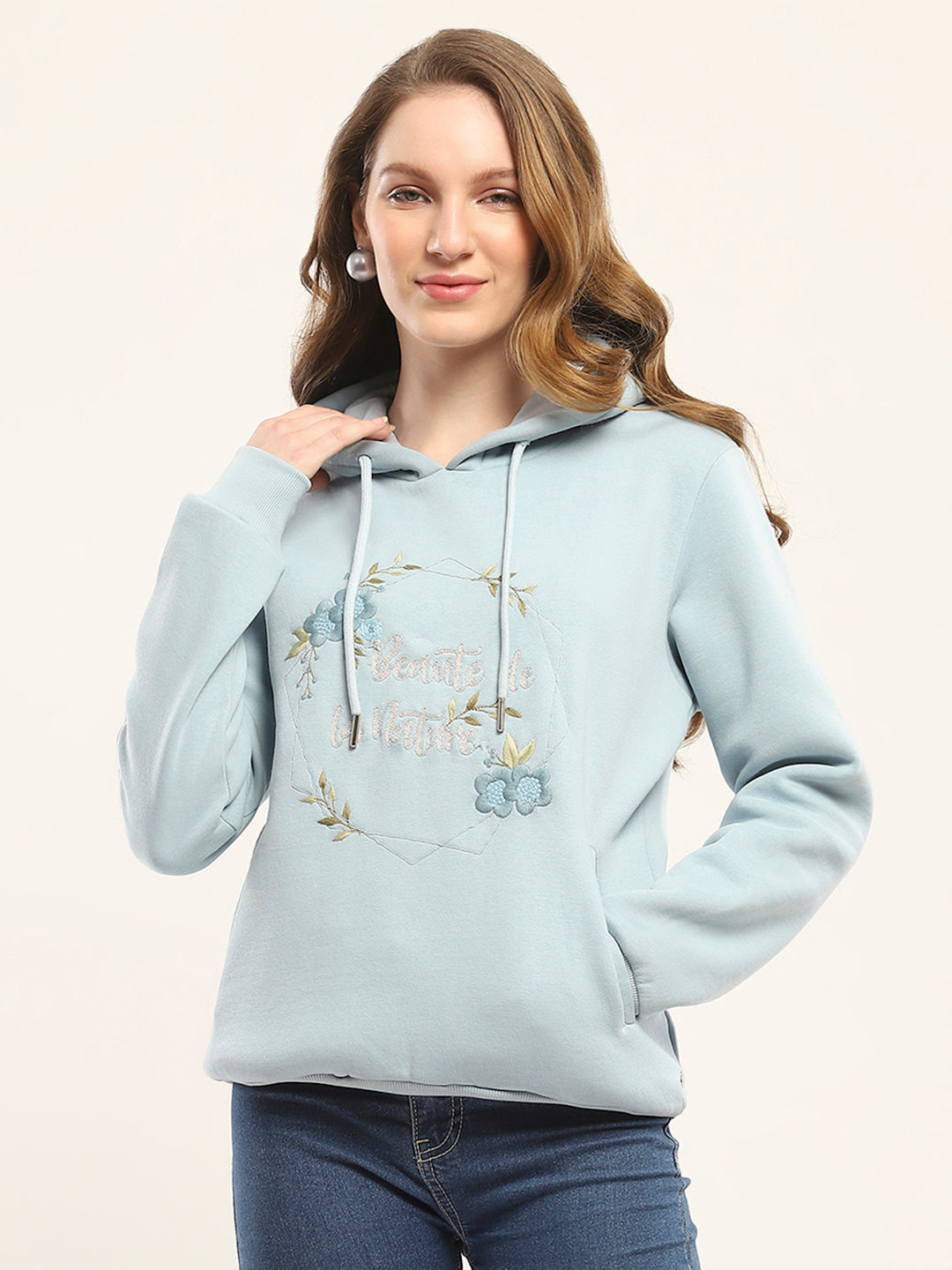 Women Blue Printed Hooded Full Sleeve Sweatshirt