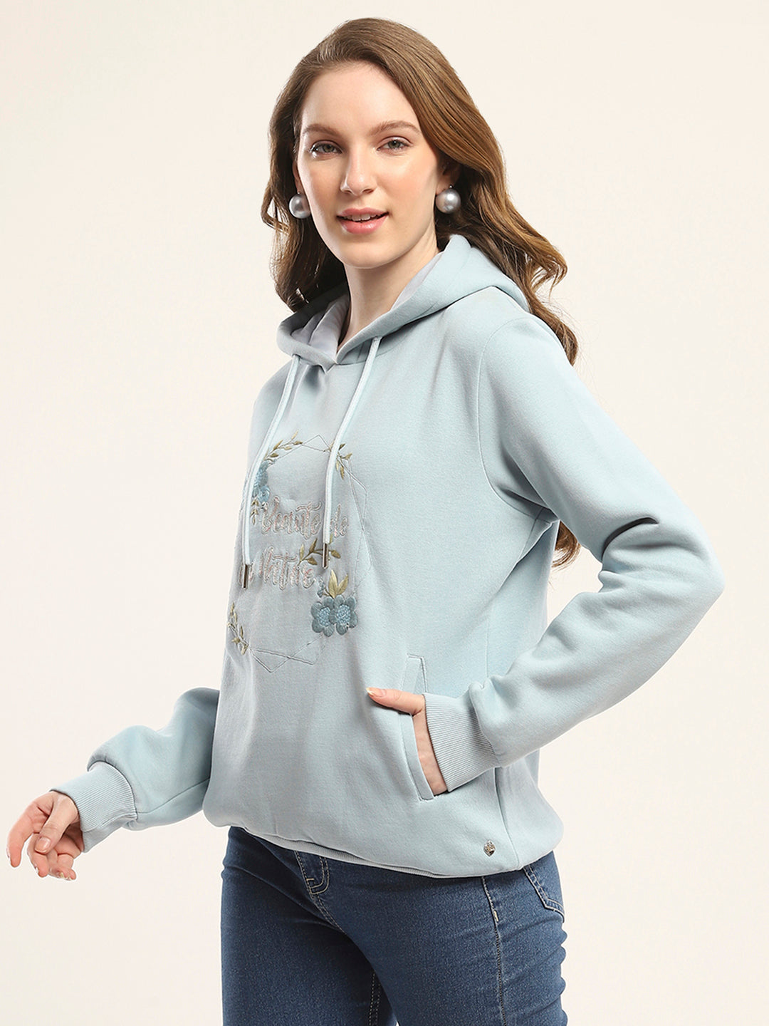 Women Blue Printed Hooded Full Sleeve Sweatshirt