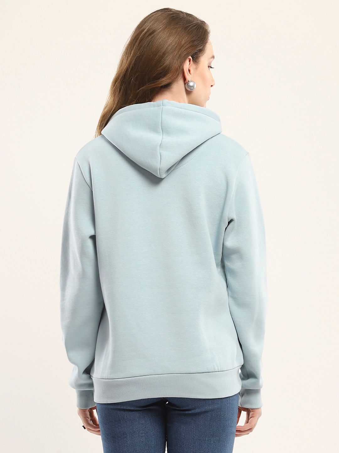 Women Blue Printed Hooded Full Sleeve Sweatshirt