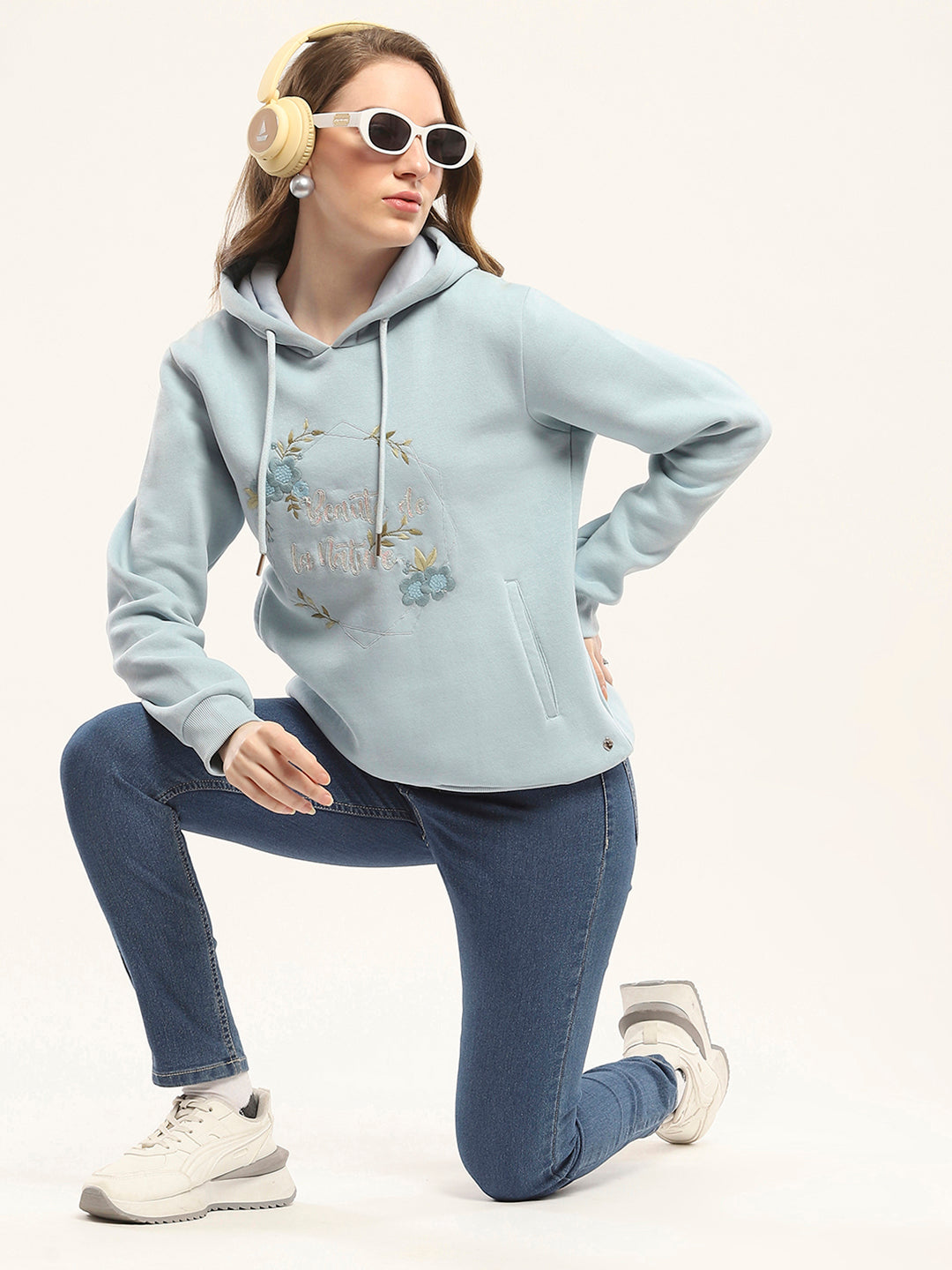 Women Blue Printed Hooded Full Sleeve Sweatshirt