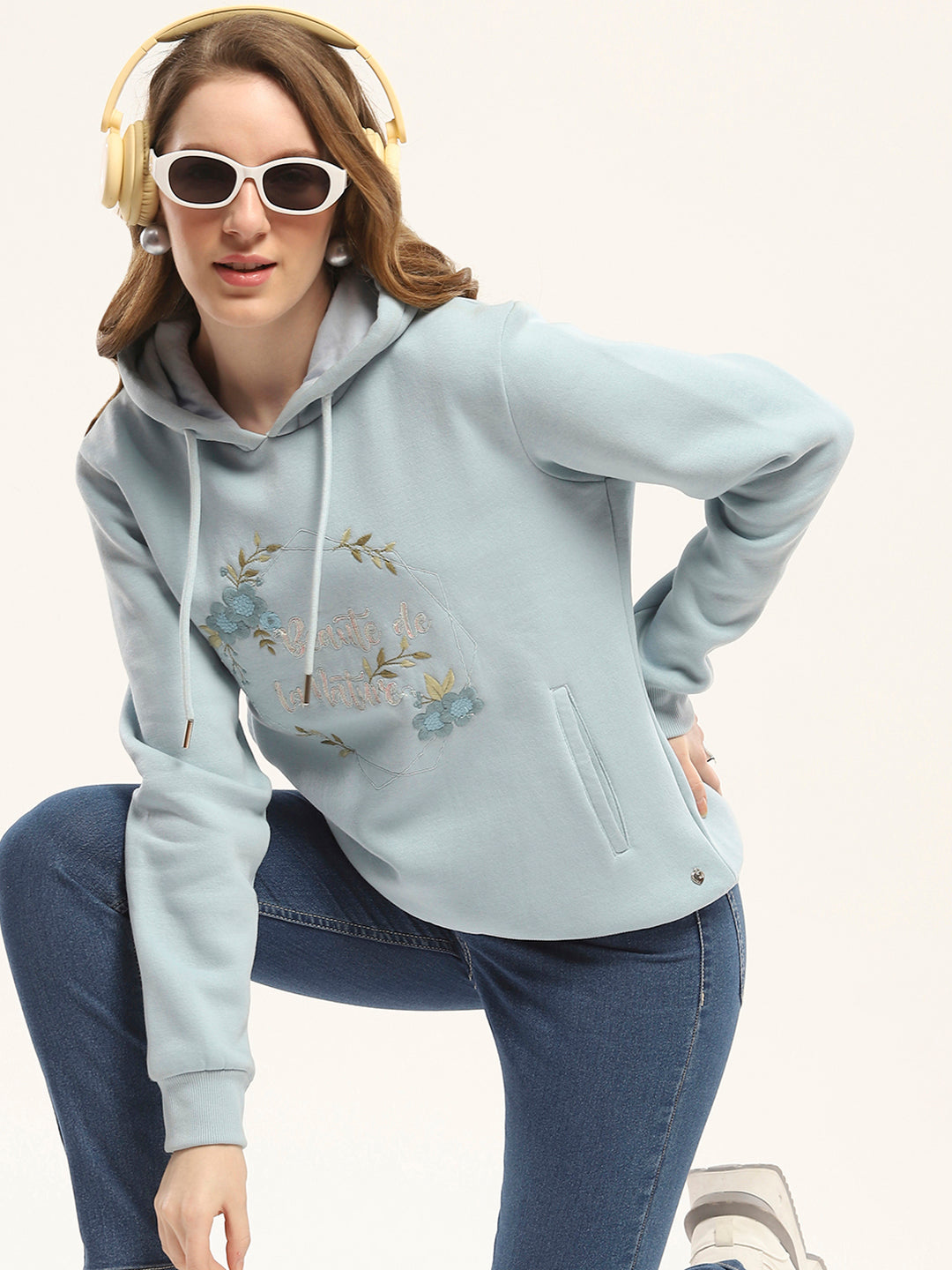 Women Blue Printed Hooded Full Sleeve Sweatshirt