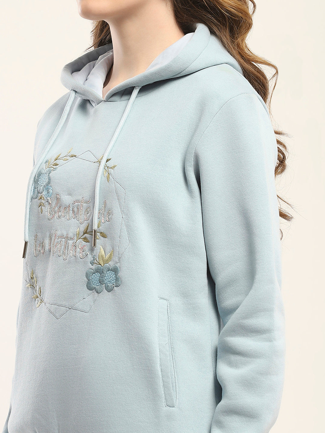 Women Blue Printed Hooded Full Sleeve Sweatshirt