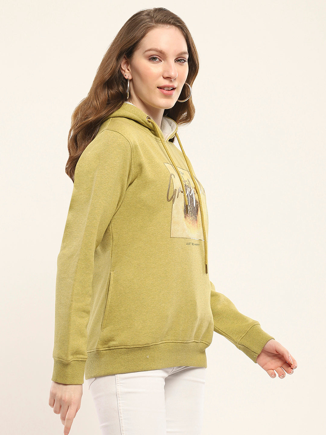 Women Mustard Printed Hooded Full Sleeve Sweatshirt
