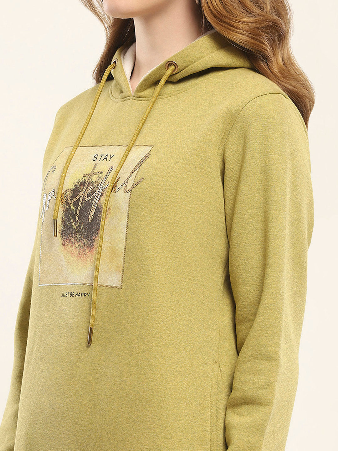 Women Mustard Printed Hooded Full Sleeve Sweatshirt