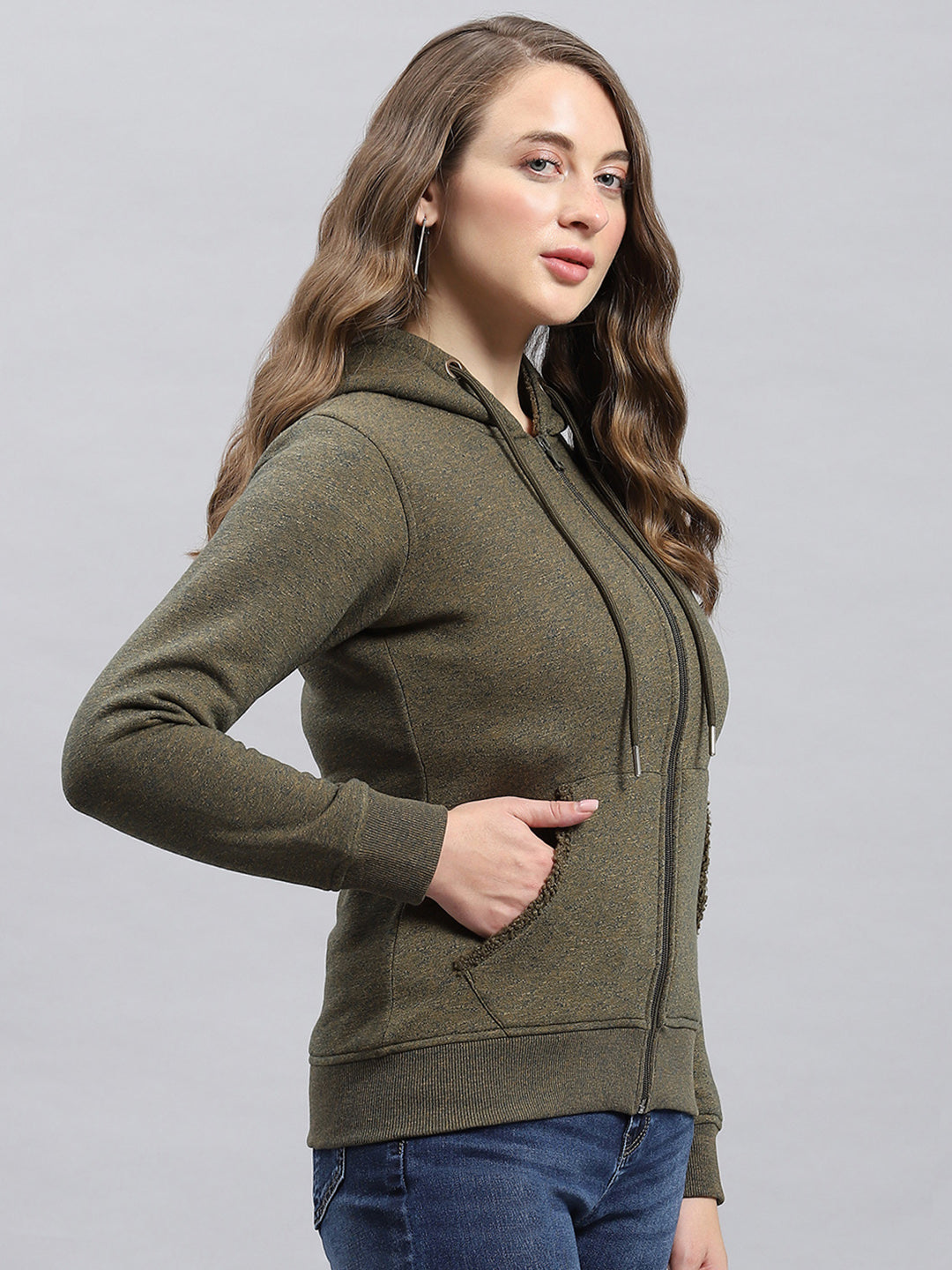 Women Green Jaquard Hooded Full Sleeve Sweatshirt