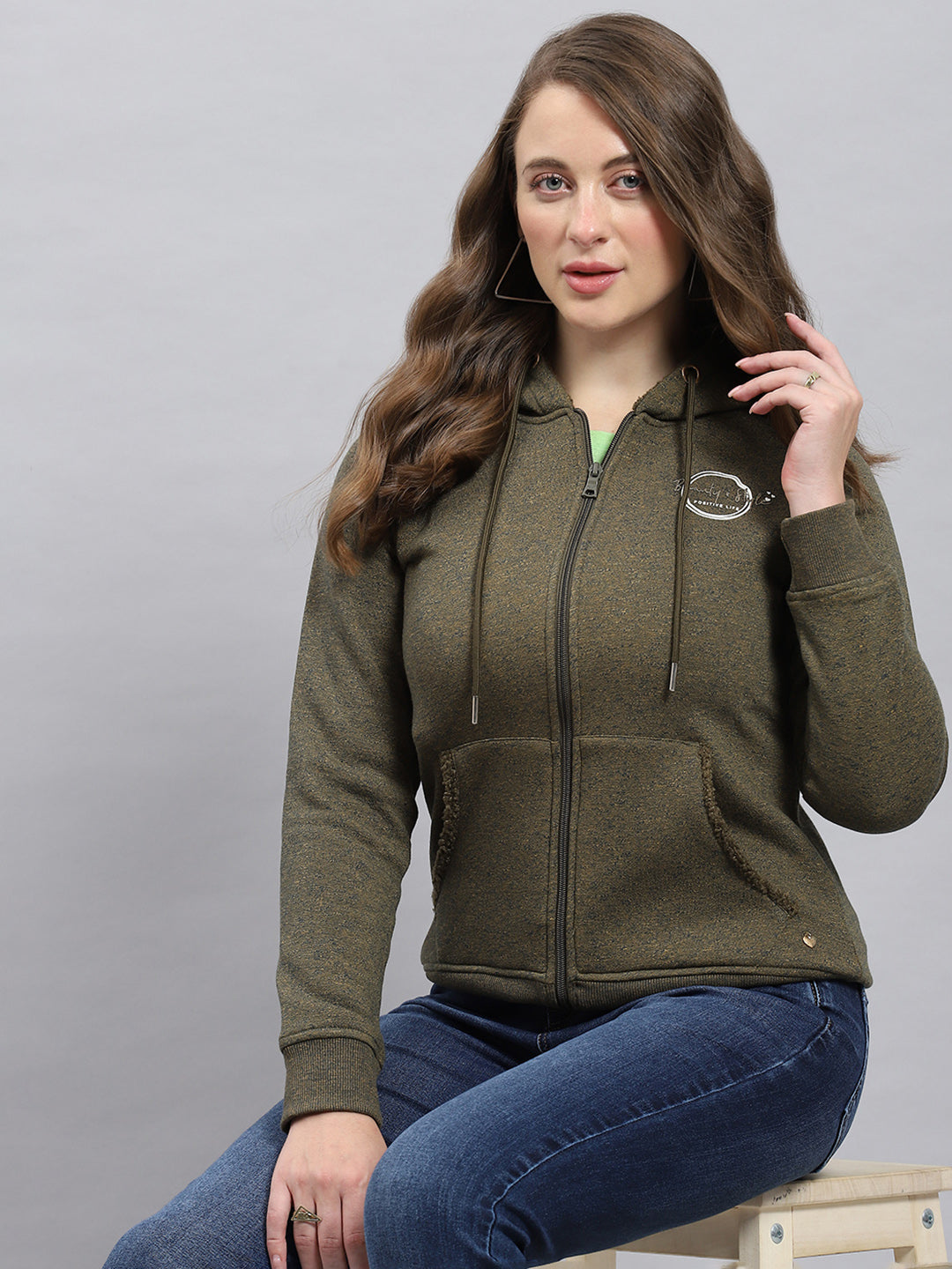 Women Green Jaquard Hooded Full Sleeve Sweatshirt